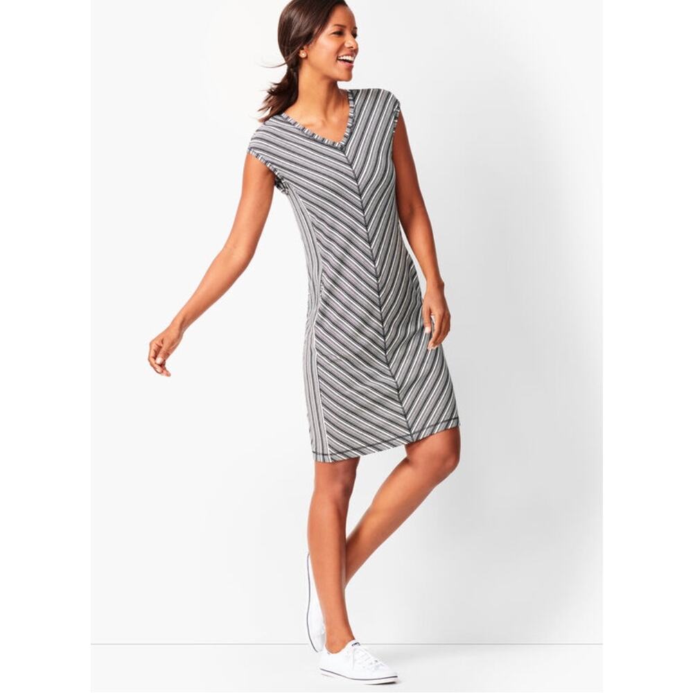 T By Talbots Womens XL Petite Stripe Shift Midi Dress Soft Casual Black White